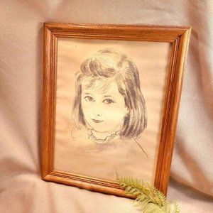 Vintage Girl Portrait Original Pencil Drawing 1964